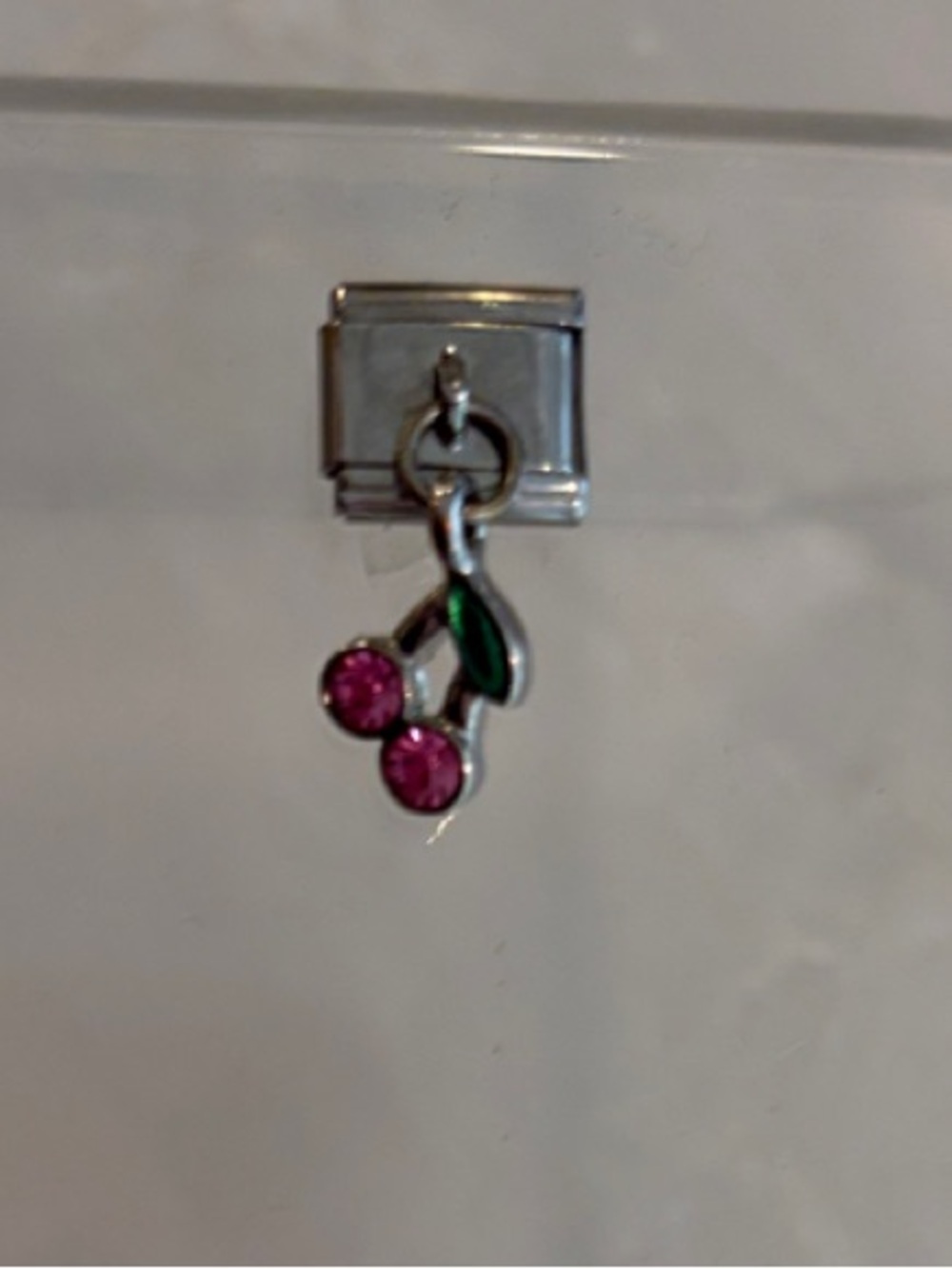 Vintage Y2K Stainless Steel Italian Charm Dangling Rhinestone Pink Cherry